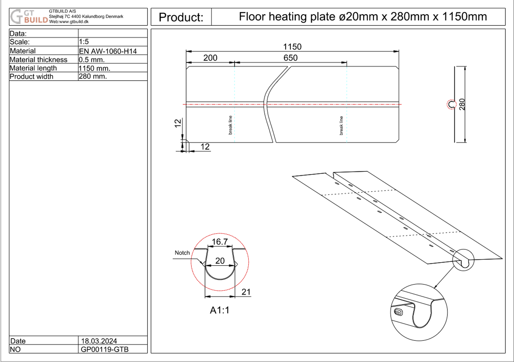GTBUILD - ø20 x 280 x 1150 mm (0,5 mm) varmefordelingsplade GP00119