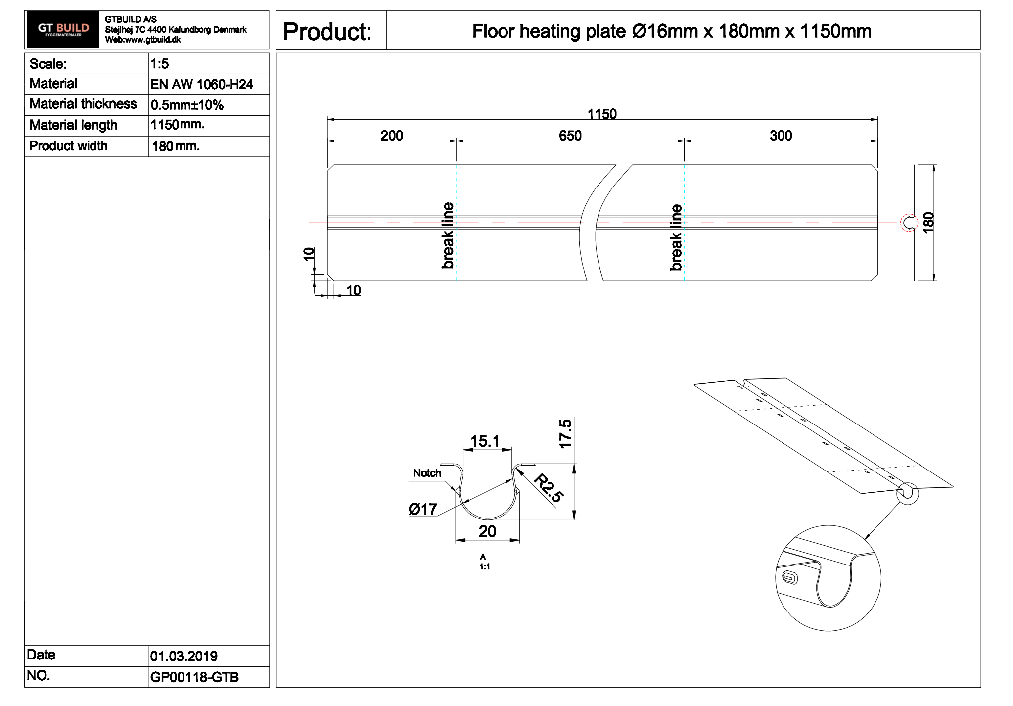 GTBUILD - ø16 x 180 x 1150 mm (0,5 mm) varmefordelingsplade GP00118