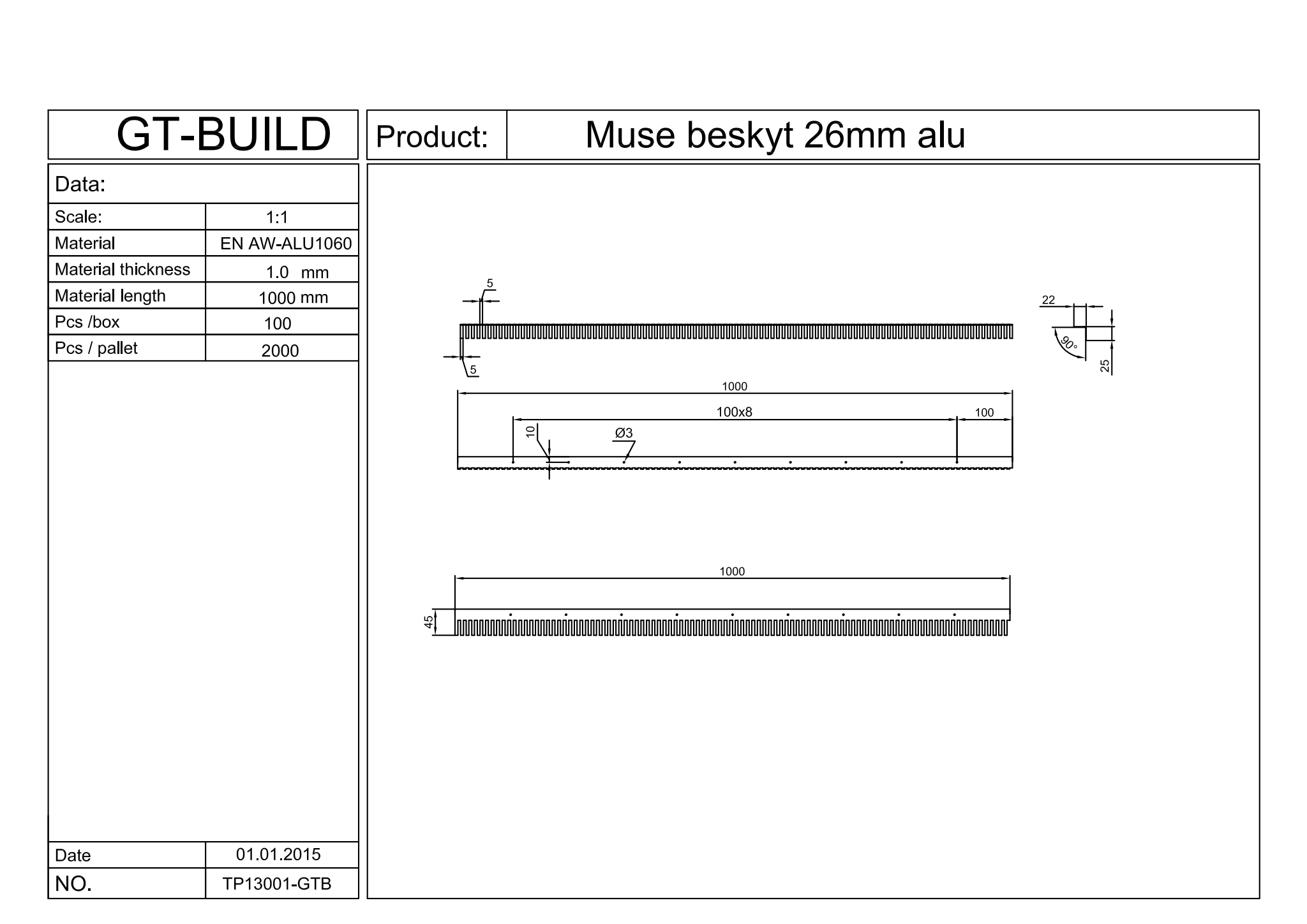 Mus & rotte beskytter 26mm aluminium x 1000mm