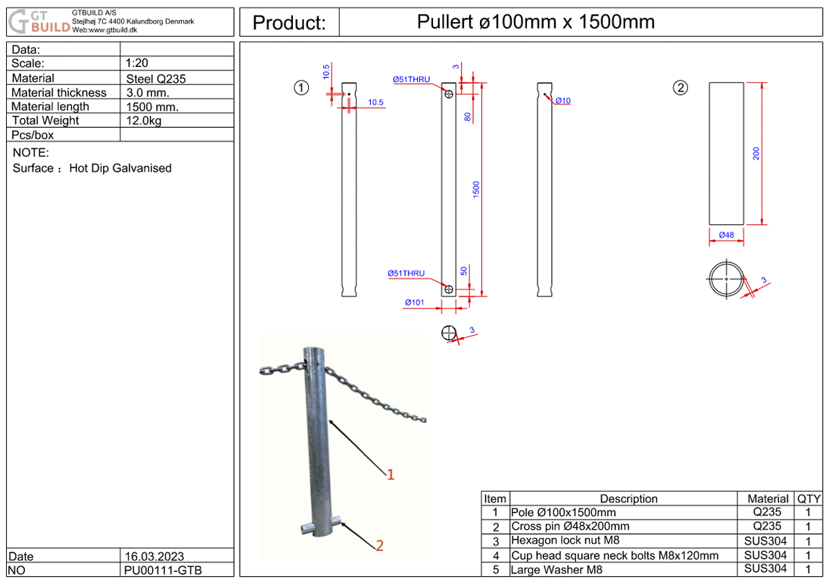 PULLERT GALVANISERET STÅL Ø100 X 1500MM