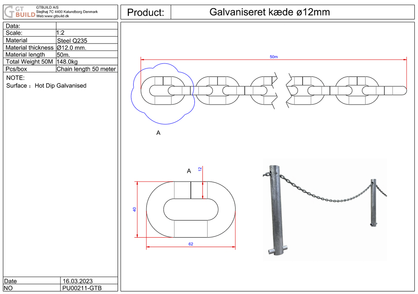 KÆDE GALVANISERET STÅL Ø12MM