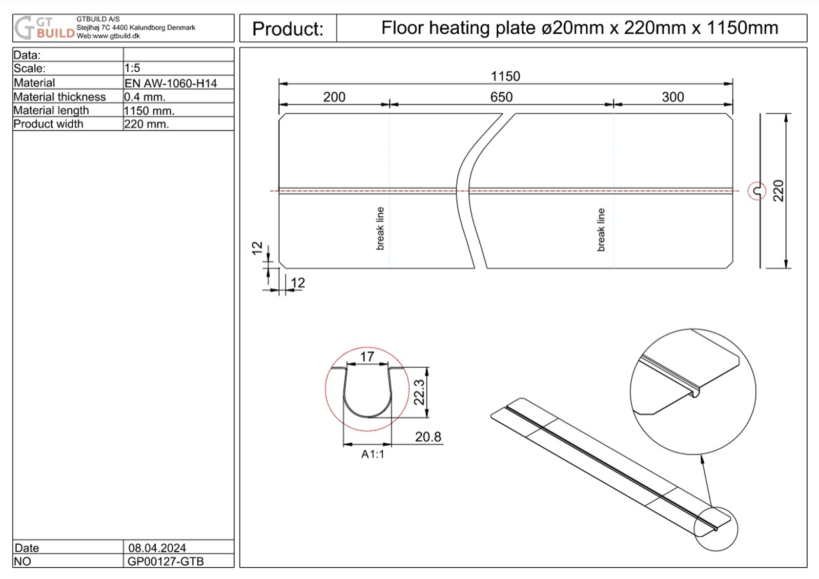 GTBUILD - ø20 x 220 x 1150 mm (0,4 mm) varmefordelingsplade GP00127