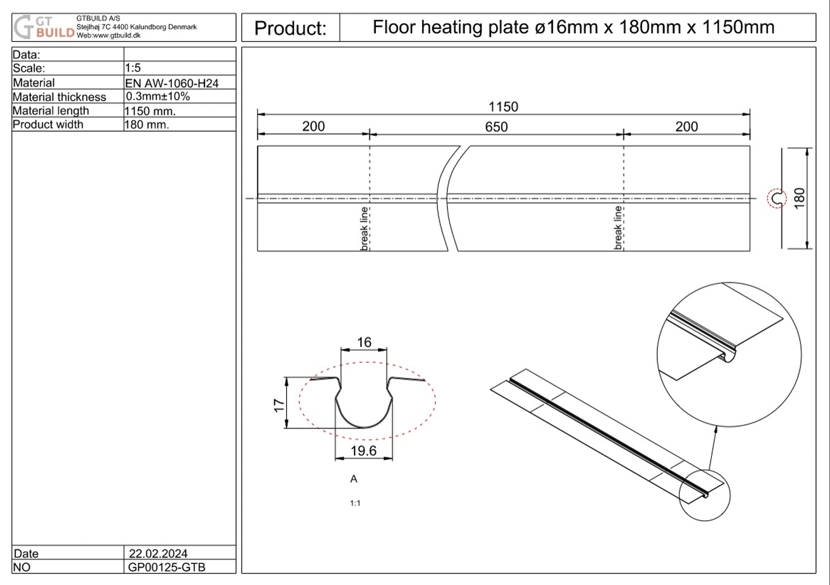 GTBUILD - ø16 x 180 x 1150 mm (0,3 mm) varmefordelingsplade GP00125