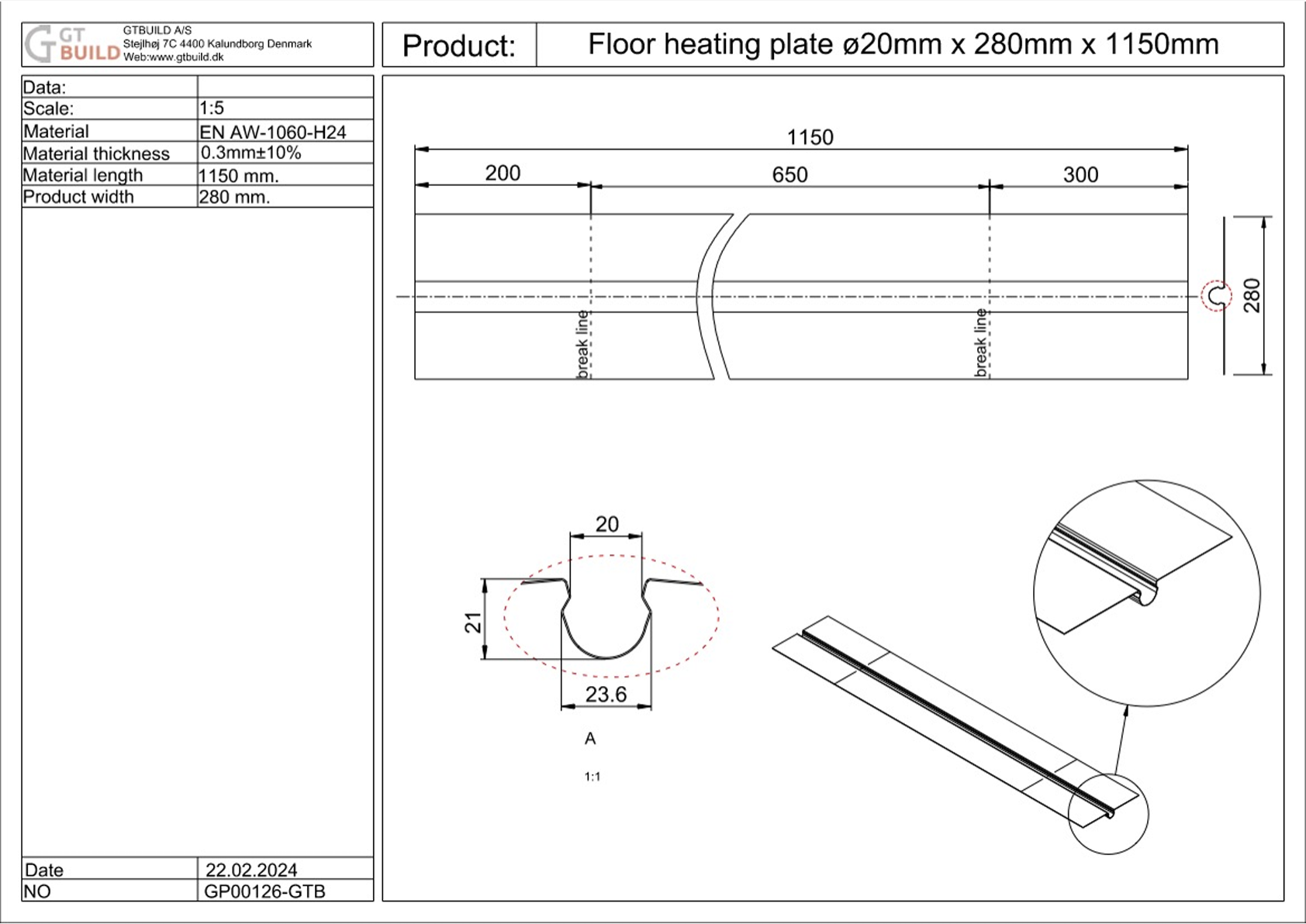 GTBUILD - ø20 x 220 x 1150 mm (0,3 mm) varmefordelingsplade GP00126
