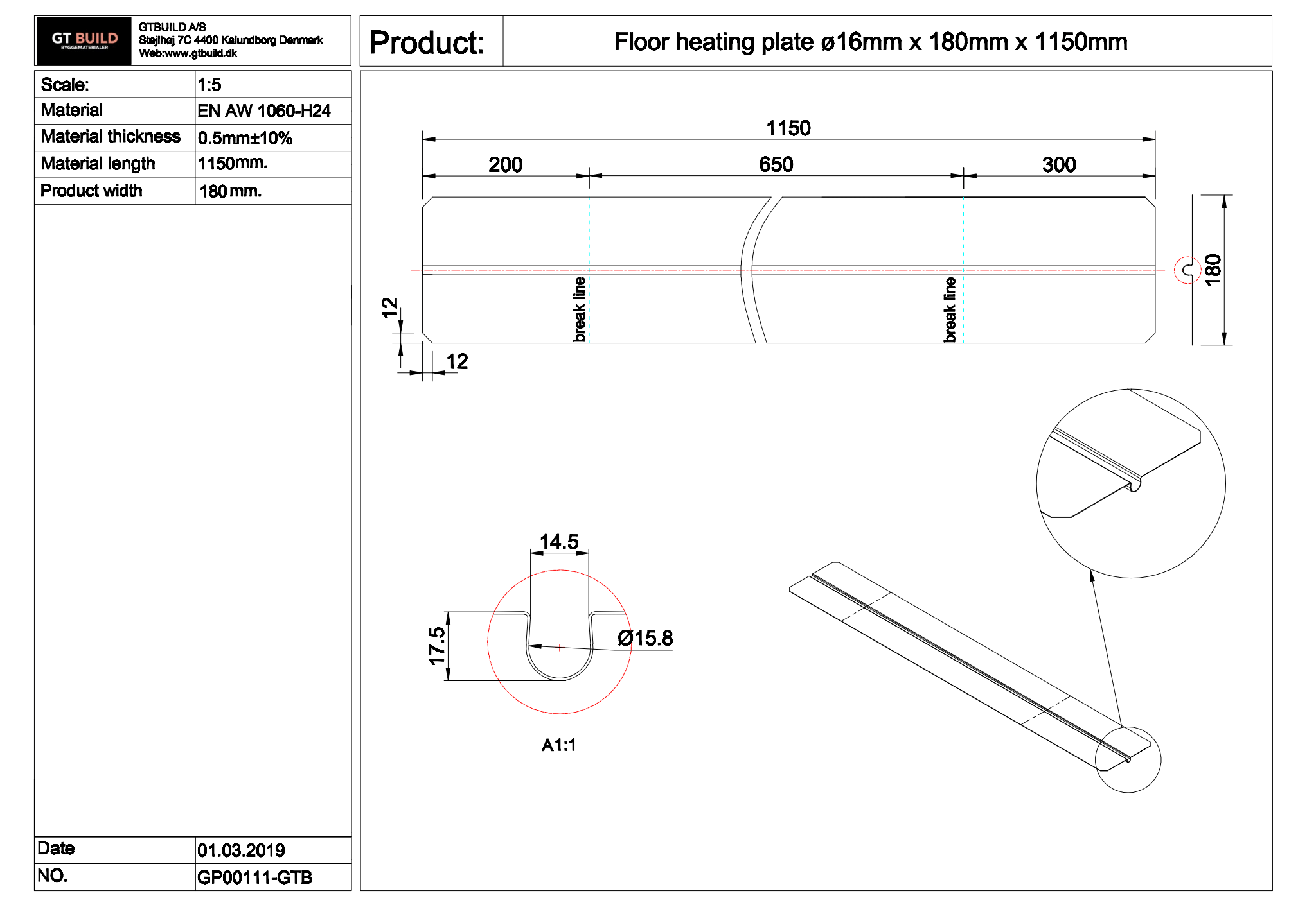GTBUILD - ø16 x 180 x 1150 mm (0,5 mm) varmefordelingsplade GP00111