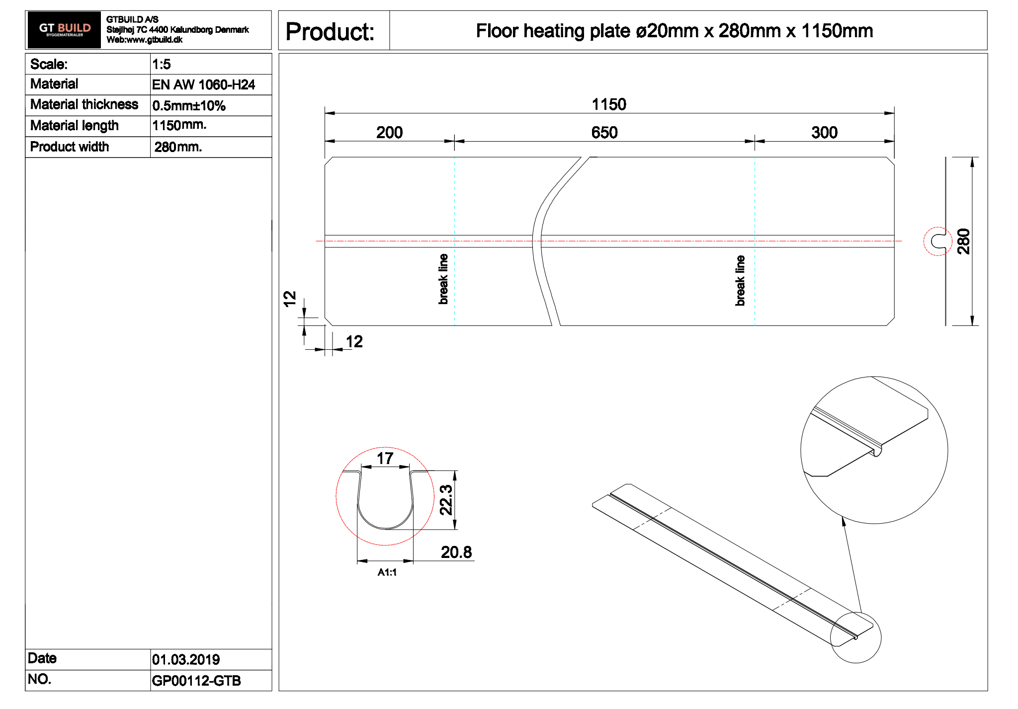 GTBUILD - ø20 x 280 x 1150 mm (0,5 mm) varmefordelingsplade GP00112