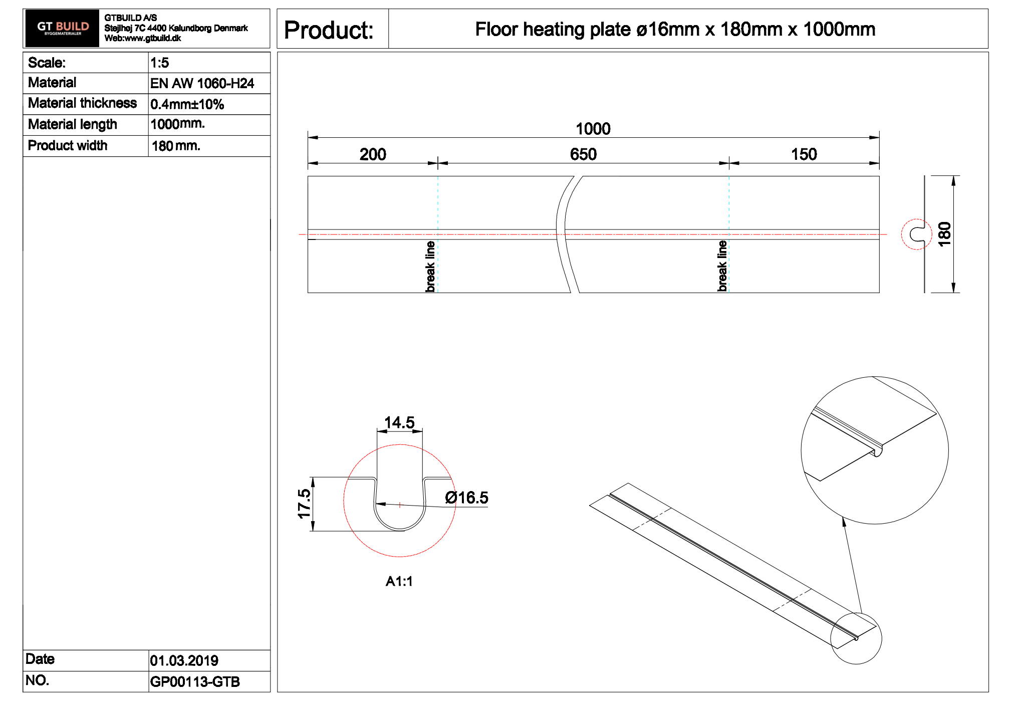 GTBUILD - ø16 x 180 x 1000 mm (0,4 mm) varmefordelingsplade GP00113