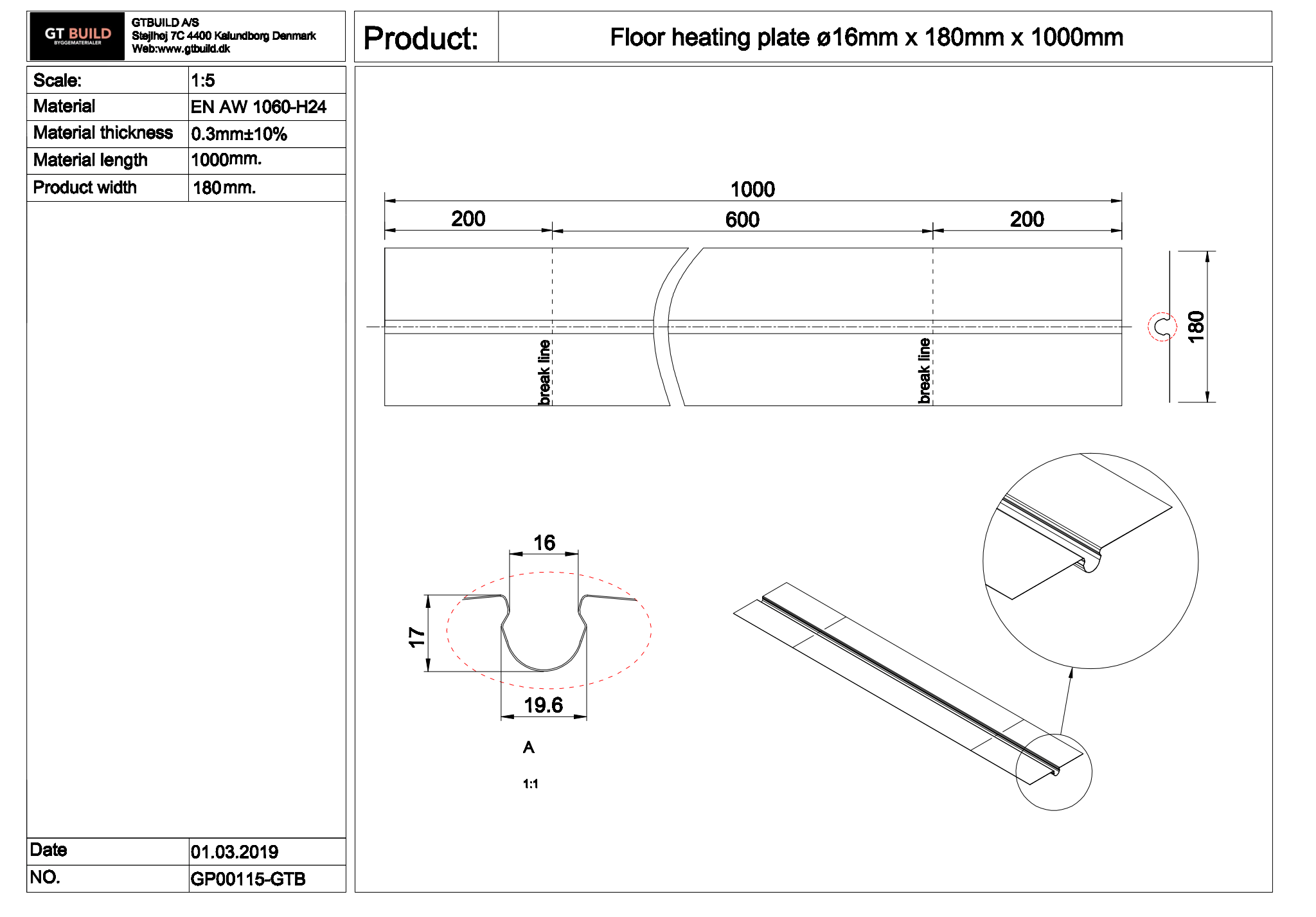 GTBUILD - ø16 x 180 x 1000 mm (0,3 mm) varmefordelingsplade GP00115