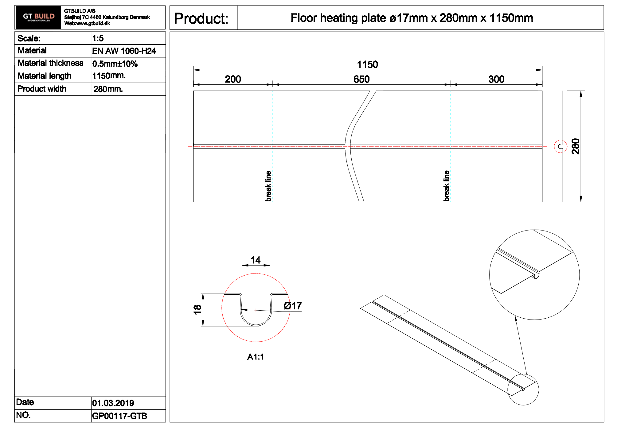 GTBUILD - ø17 x 280 x 1150 mm (0,5 mm) varmefordelingsplade GP00117