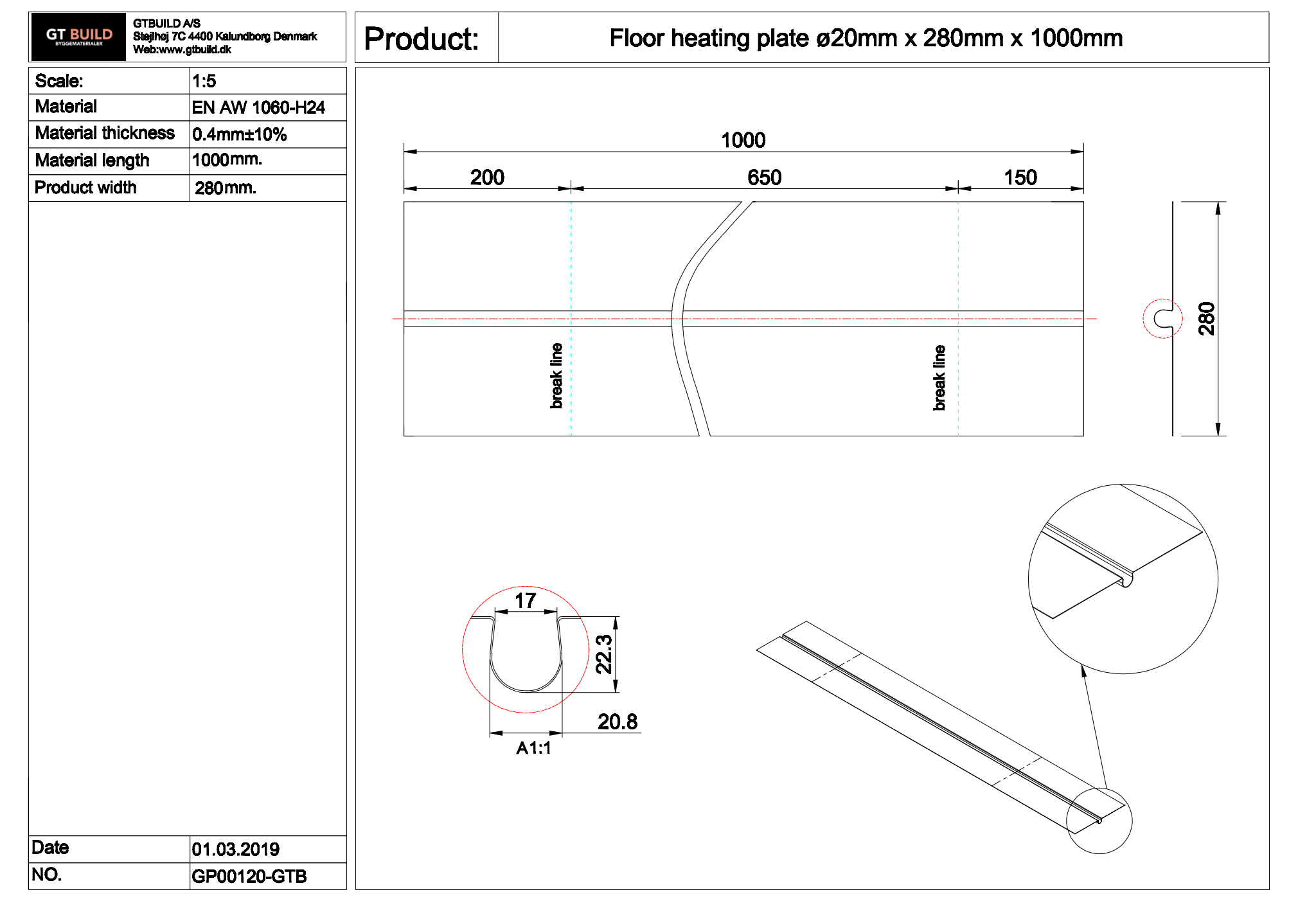 GTBUILD - ø20 x 280 x 1000 mm (0,4 mm) varmefordelingsplade GP00120