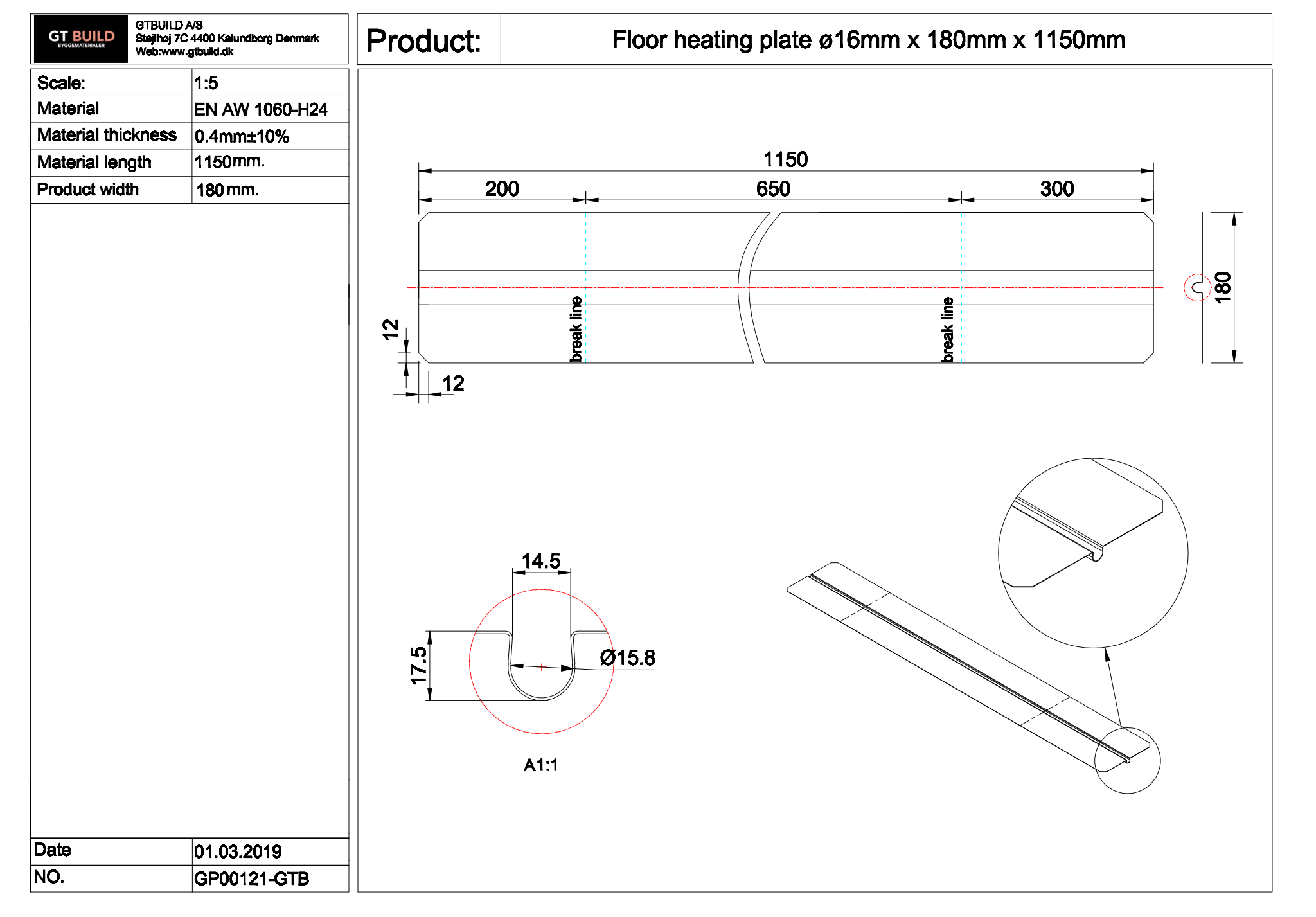 GTBUILD - ø16 x 180 x 1150 mm (0,4 mm) varmefordelingsplade GP00121