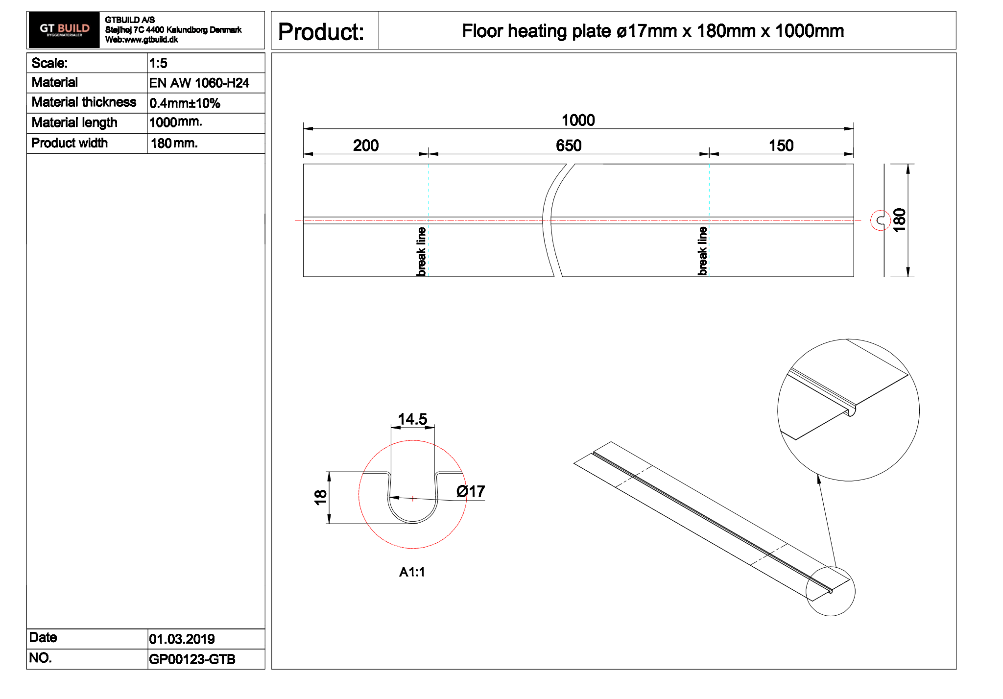 GTBUILD - ø17 x 180 x 1000 mm (0,4 mm) varmefordelingsplade GP00123