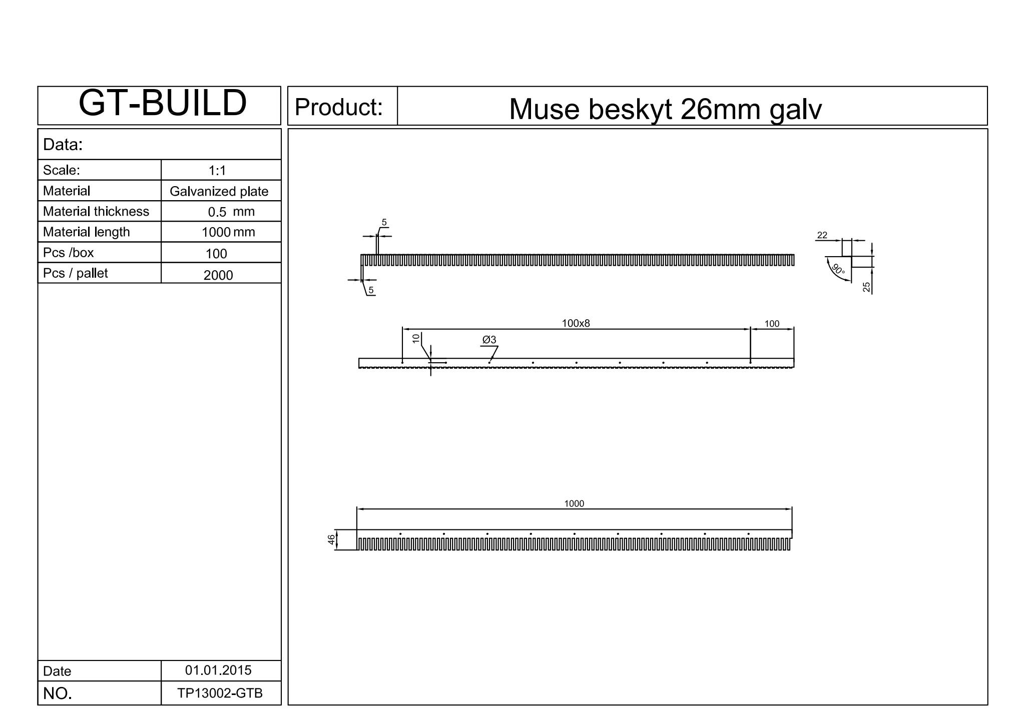 Mus & rotte beskytter 26mm galvaniseret plade x 1000mm